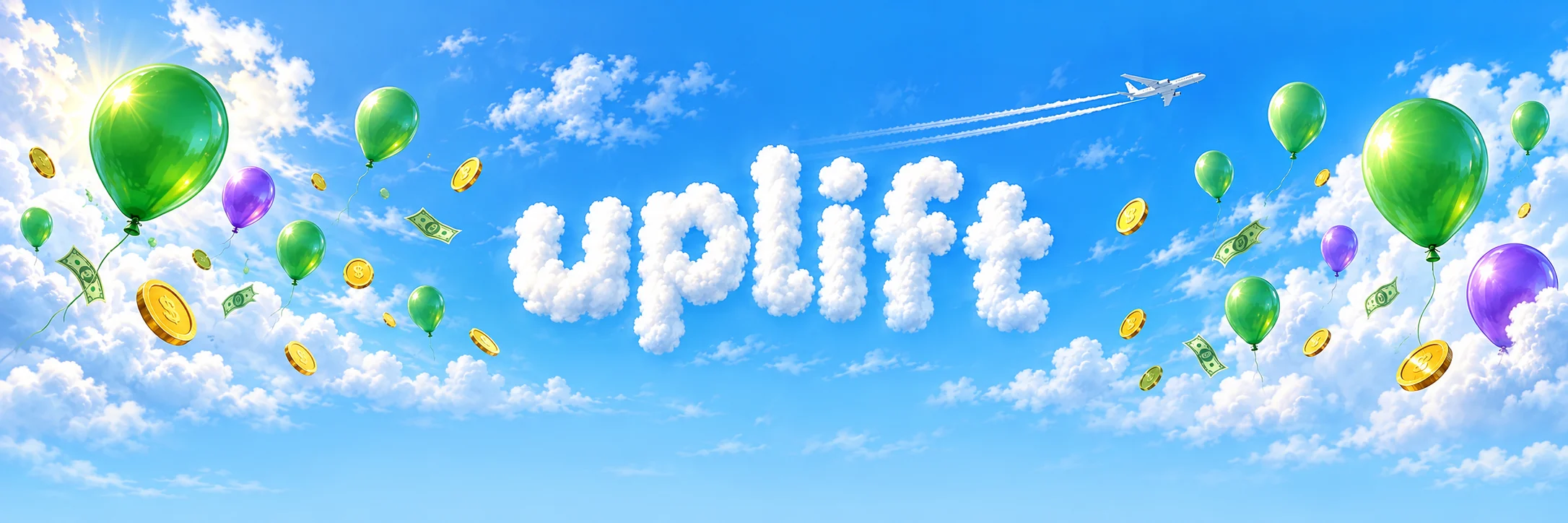 uplift written in clouds, surrounded by balloons in the sky